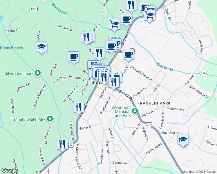 map of restaurants, bars, coffee shops, grocery stores, and more near 26 North Gaston Street in Brevard