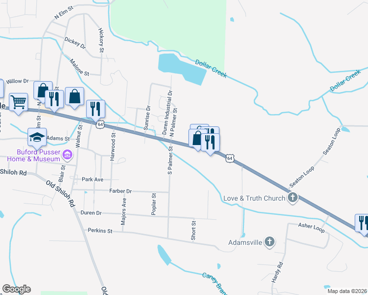 map of restaurants, bars, coffee shops, grocery stores, and more near 125 South Palmer Street in Adamsville