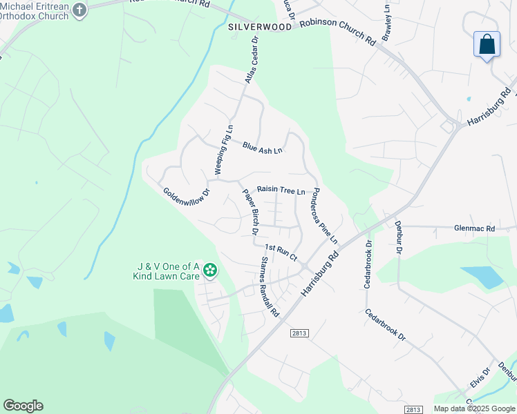 map of restaurants, bars, coffee shops, grocery stores, and more near 6127 Raisin Tree Lane in Charlotte