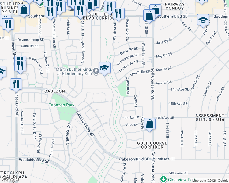 map of restaurants, bars, coffee shops, grocery stores, and more near 1501 Corte Castellana in Rio Rancho