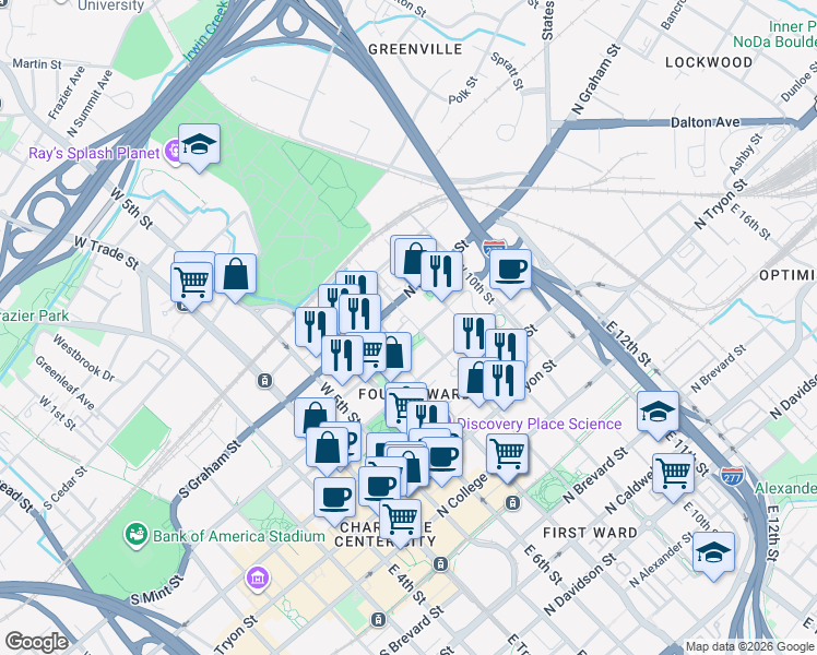 map of restaurants, bars, coffee shops, grocery stores, and more near 409 West 8th Street in Charlotte