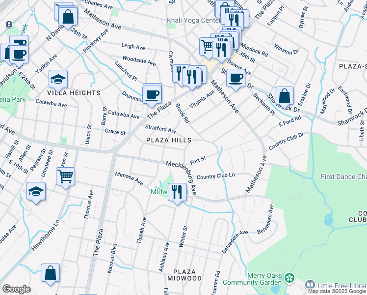 map of restaurants, bars, coffee shops, grocery stores, and more near 2120 Stratford Avenue in Charlotte