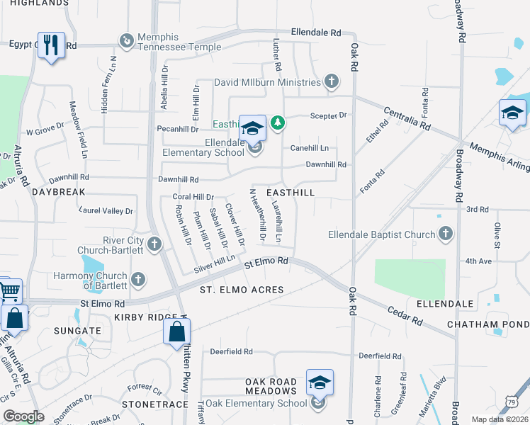 map of restaurants, bars, coffee shops, grocery stores, and more near 3949 Laurelhill Lane in Memphis