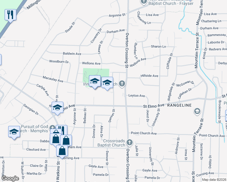 map of restaurants, bars, coffee shops, grocery stores, and more near 3925 Denver Street in Memphis