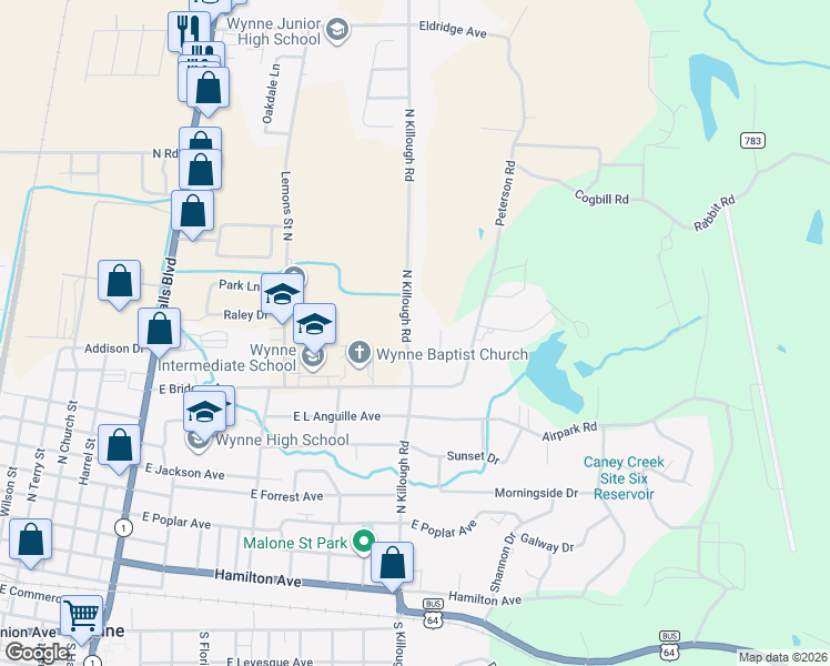 map of restaurants, bars, coffee shops, grocery stores, and more near 1320 North Killough Road in Wynne