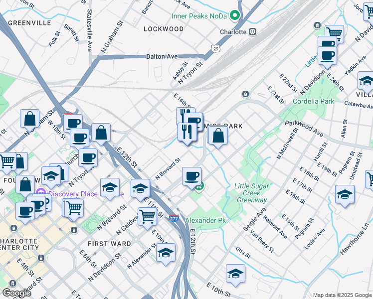 map of restaurants, bars, coffee shops, grocery stores, and more near 314 Belmont Avenue in Charlotte