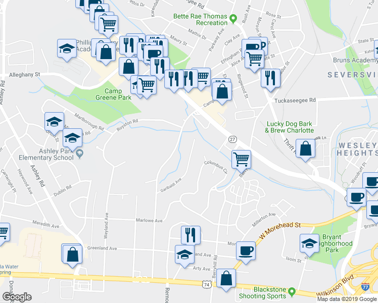 map of restaurants, bars, coffee shops, grocery stores, and more near 1820 Garibaldi Avenue in Charlotte