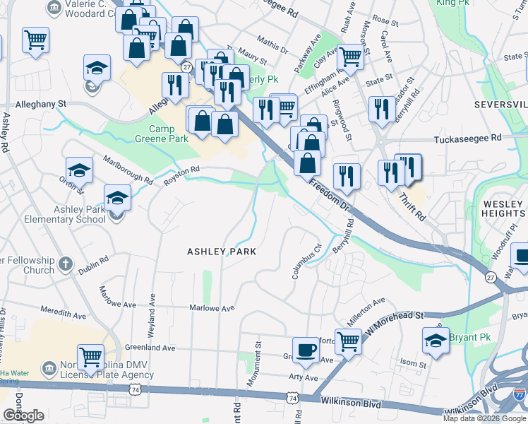 map of restaurants, bars, coffee shops, grocery stores, and more near 1820 Garibaldi Avenue in Charlotte