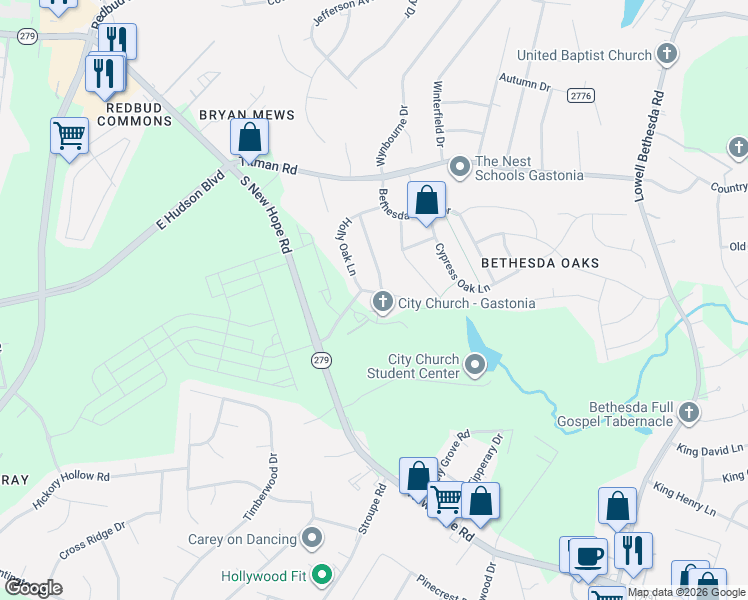 map of restaurants, bars, coffee shops, grocery stores, and more near 2624 Holly Oak Lane in Gastonia