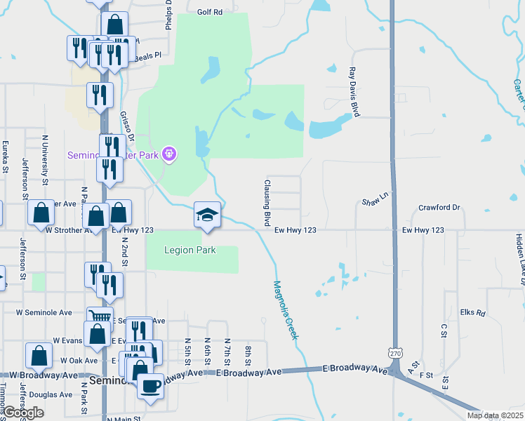 map of restaurants, bars, coffee shops, grocery stores, and more near 1119 Clausing Boulevard in Seminole