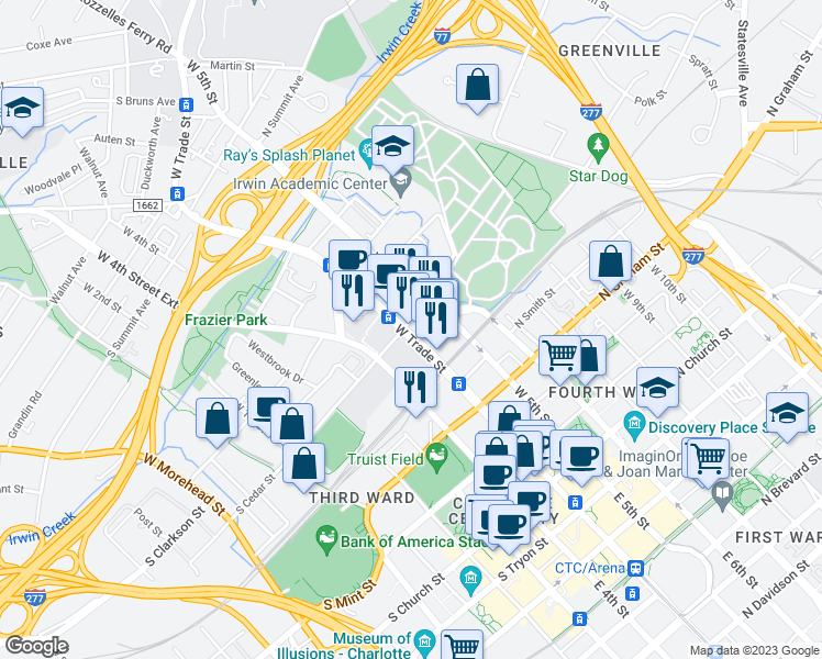 map of restaurants, bars, coffee shops, grocery stores, and more near 130 West Trade Street in Charlotte