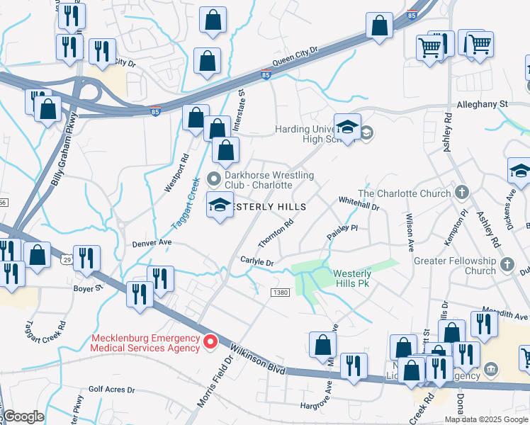 map of restaurants, bars, coffee shops, grocery stores, and more near 4308 McKinley Drive in Charlotte