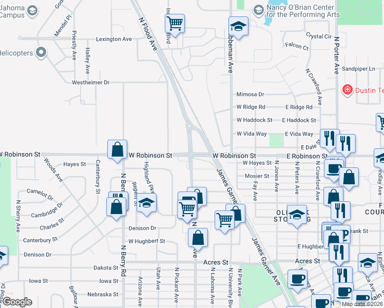 map of restaurants, bars, coffee shops, grocery stores, and more near 1301 North Flood Avenue in Norman