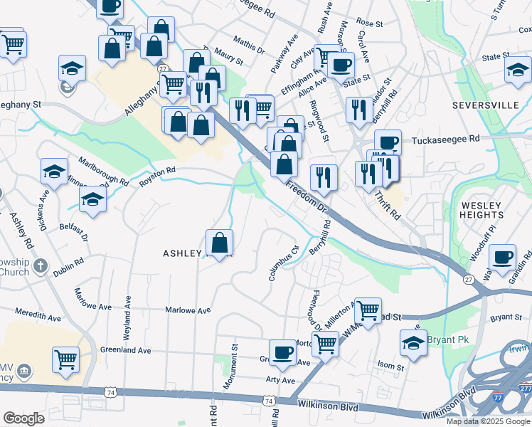 map of restaurants, bars, coffee shops, grocery stores, and more near 1516 Noel Place in Charlotte
