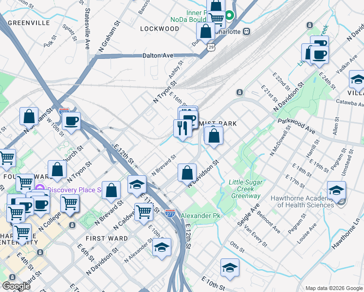 map of restaurants, bars, coffee shops, grocery stores, and more near 314 Belmont Avenue in Charlotte