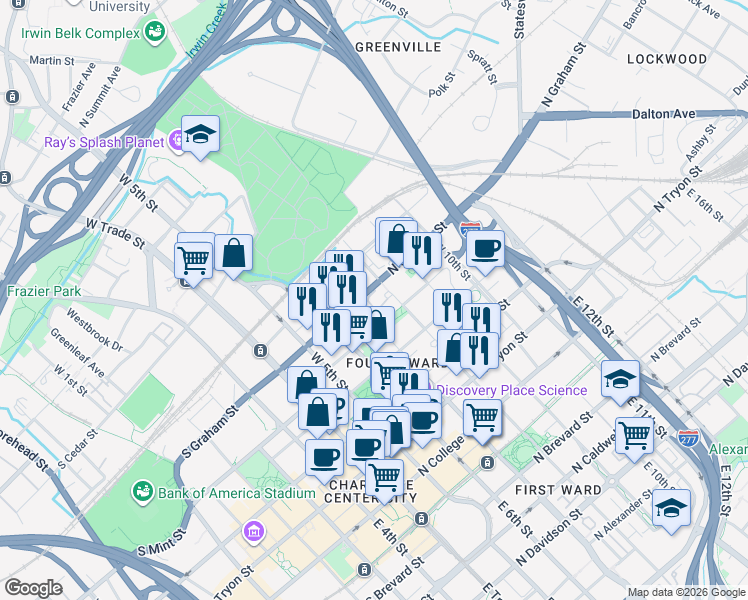 map of restaurants, bars, coffee shops, grocery stores, and more near 433 West 8th Street in Charlotte