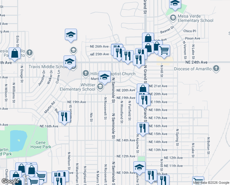 map of restaurants, bars, coffee shops, grocery stores, and more near 3309 Northeast 20th Avenue in Amarillo