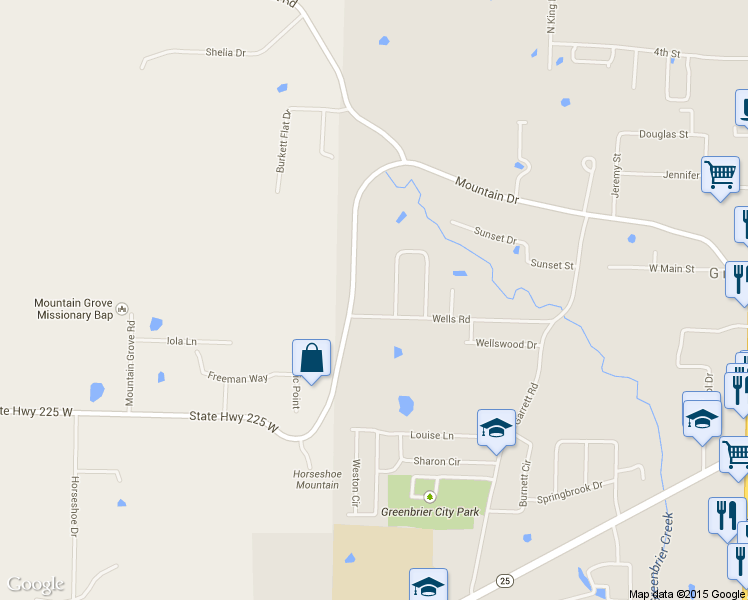 map of restaurants, bars, coffee shops, grocery stores, and more near 97 Mountain Drive in Greenbrier