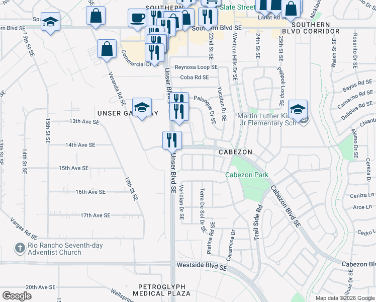 map of restaurants, bars, coffee shops, grocery stores, and more near 2013 Via Sonata Road Southeast in Rio Rancho