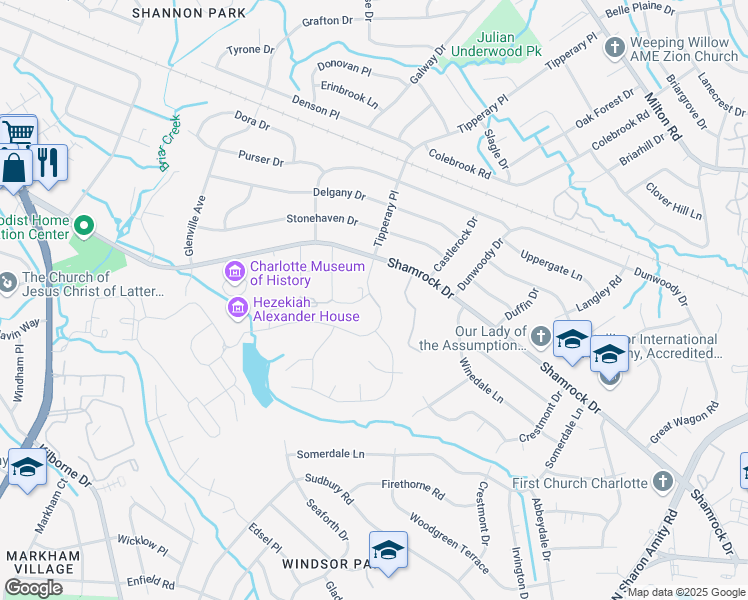 map of restaurants, bars, coffee shops, grocery stores, and more near 3800 Shamrock Drive in Charlotte