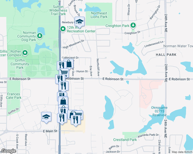 map of restaurants, bars, coffee shops, grocery stores, and more near 1214 Northcliff Avenue in Norman