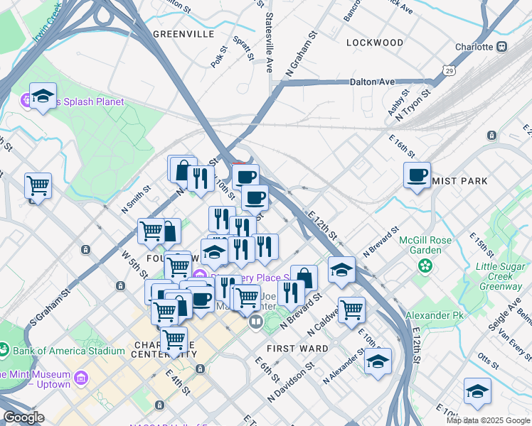 map of restaurants, bars, coffee shops, grocery stores, and more near 716 North Church Street in Charlotte