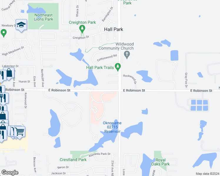 map of restaurants, bars, coffee shops, grocery stores, and more near 2301 East Robinson Street in Norman