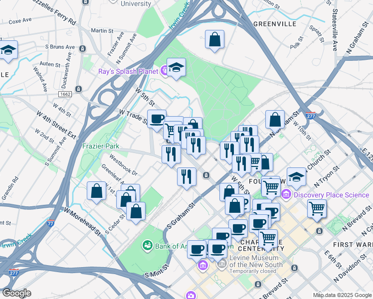 map of restaurants, bars, coffee shops, grocery stores, and more near 130 West Trade Street in Charlotte