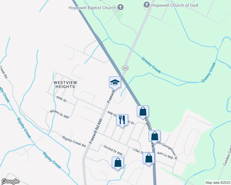 map of restaurants, bars, coffee shops, grocery stores, and more near 5350 Freewill Road Northwest in Cleveland