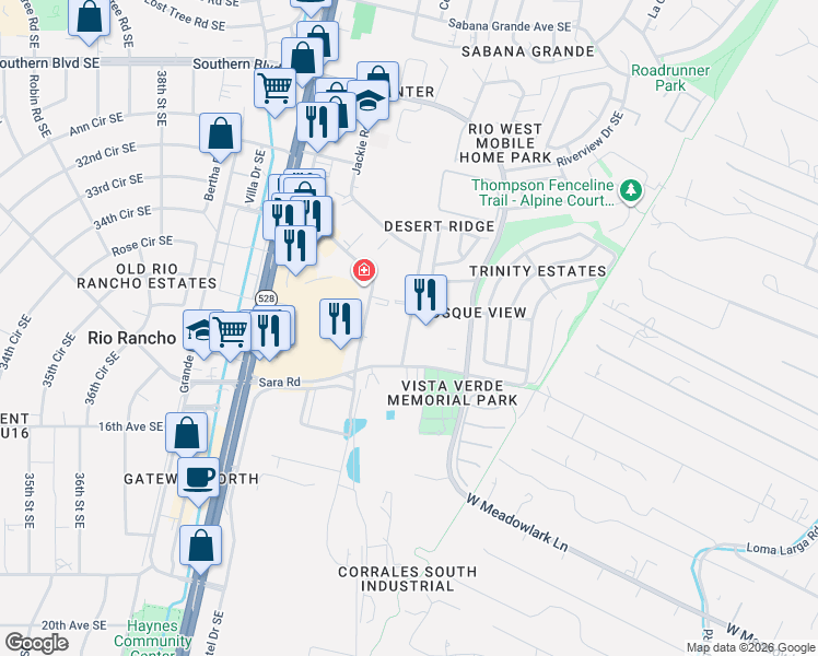 map of restaurants, bars, coffee shops, grocery stores, and more near 1558 Stephanie Road Southeast in Rio Rancho