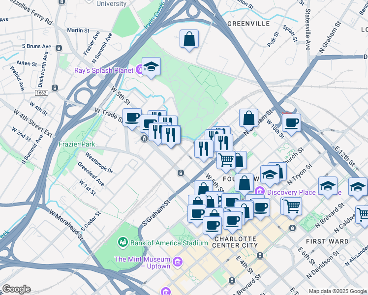 map of restaurants, bars, coffee shops, grocery stores, and more near 710 West 5th Street in Charlotte