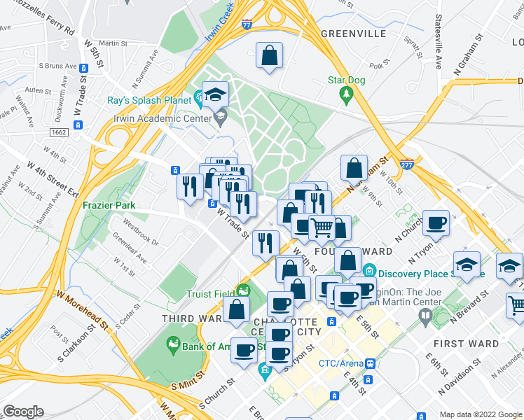 map of restaurants, bars, coffee shops, grocery stores, and more near 710 West 5th Street in Charlotte