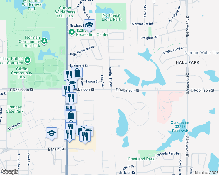 map of restaurants, bars, coffee shops, grocery stores, and more near 1202 Northcliff Avenue in Norman