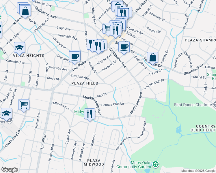 map of restaurants, bars, coffee shops, grocery stores, and more near in Charlotte