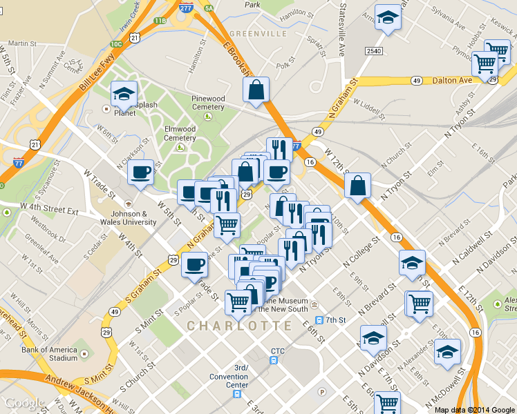map of restaurants, bars, coffee shops, grocery stores, and more near in Charlotte
