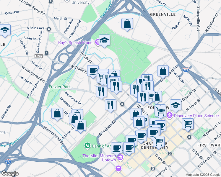 map of restaurants, bars, coffee shops, grocery stores, and more near 130 West Trade Street in Charlotte