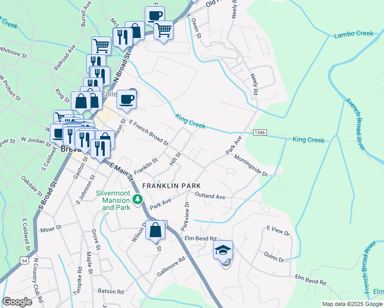 map of restaurants, bars, coffee shops, grocery stores, and more near 213 Hilt Street in Brevard