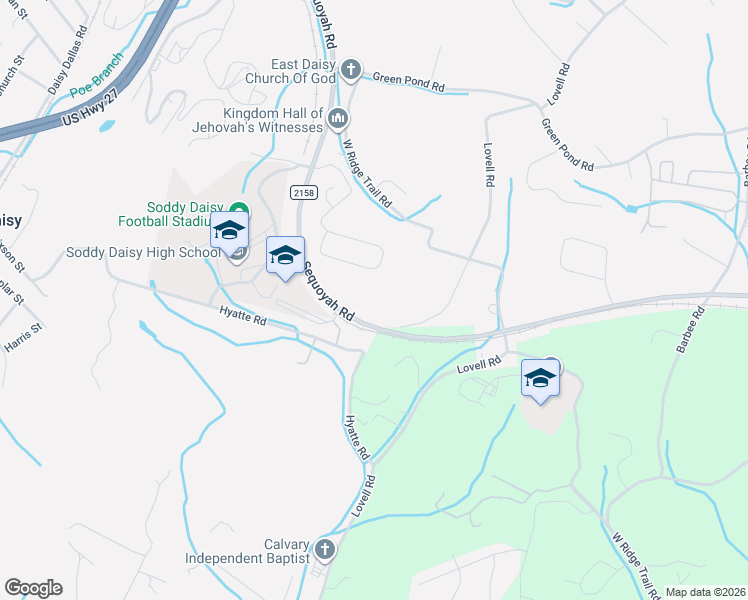 map of restaurants, bars, coffee shops, grocery stores, and more near 701 Sequoyah Road in Soddy-Daisy