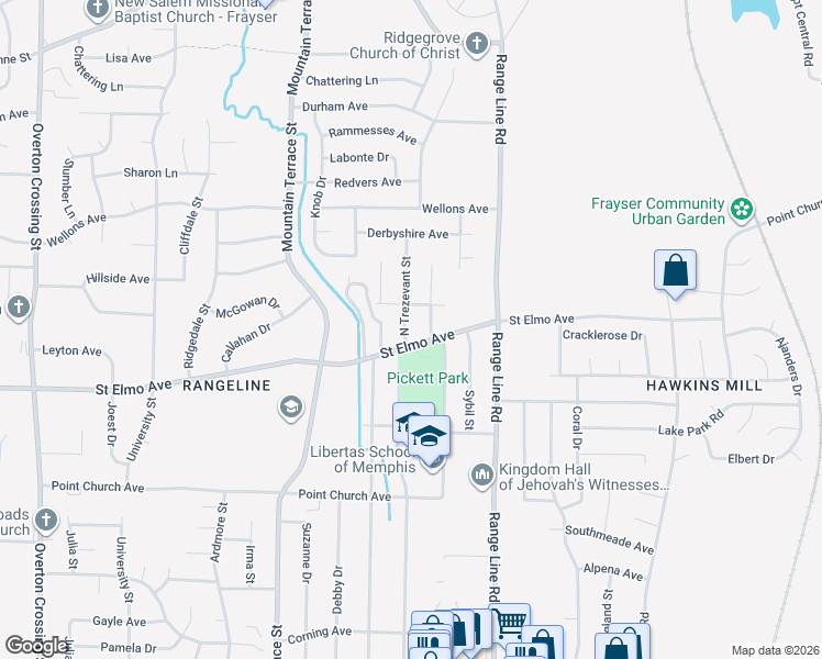 map of restaurants, bars, coffee shops, grocery stores, and more near 3960 North Trezevant Street in Memphis