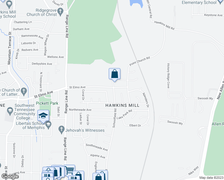 map of restaurants, bars, coffee shops, grocery stores, and more near 3941 Schoolfield Road in Memphis