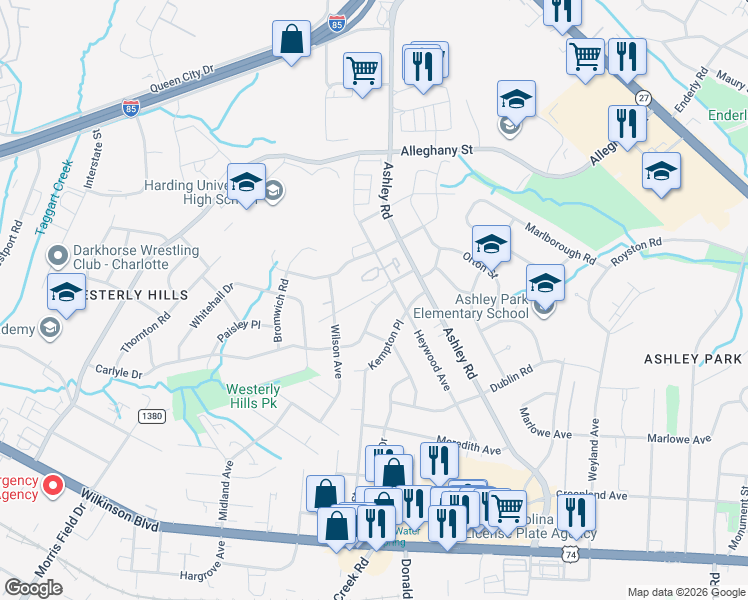 map of restaurants, bars, coffee shops, grocery stores, and more near 3520 Carlyle Drive in Charlotte