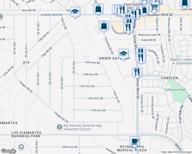 map of restaurants, bars, coffee shops, grocery stores, and more near 1690 14th Avenue Southeast in Rio Rancho