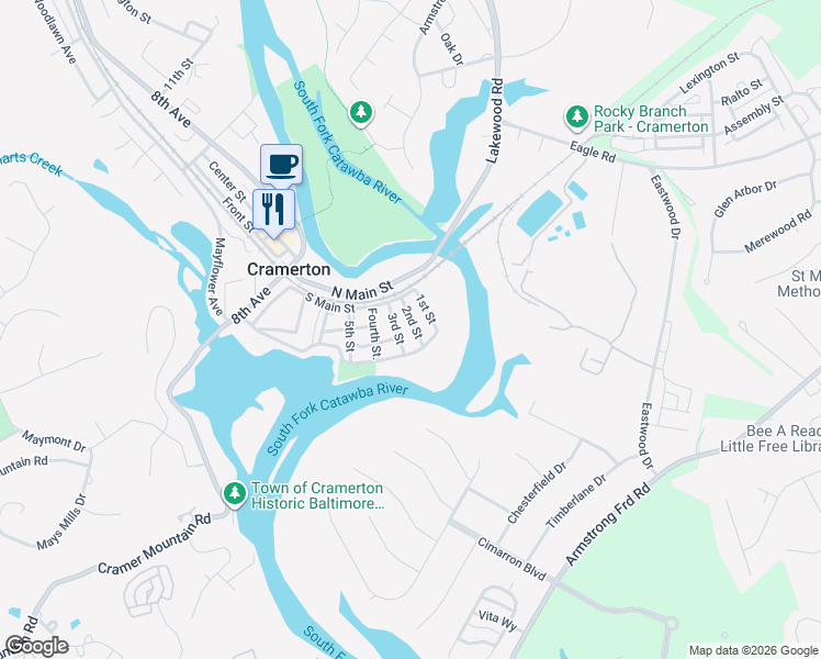map of restaurants, bars, coffee shops, grocery stores, and more near 27 2nd Street in Cramerton