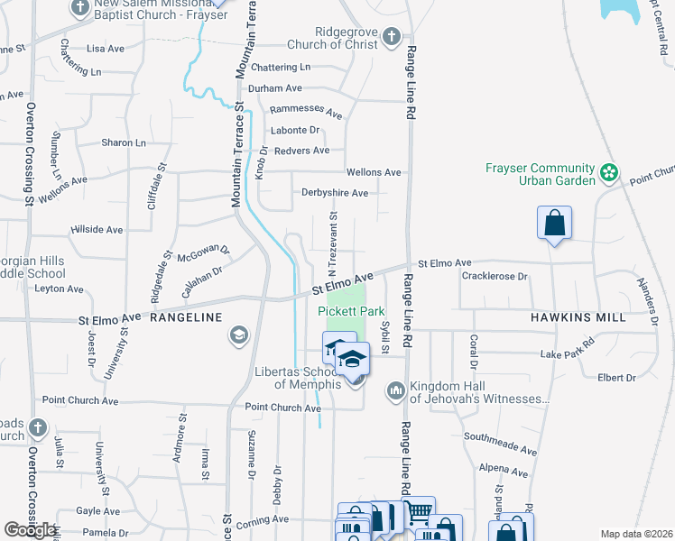 map of restaurants, bars, coffee shops, grocery stores, and more near 3960 North Trezevant Street in Memphis