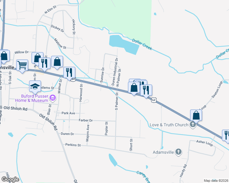 map of restaurants, bars, coffee shops, grocery stores, and more near 125 South Palmer Street in Adamsville