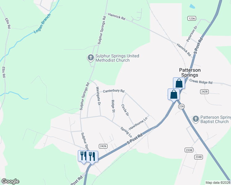 map of restaurants, bars, coffee shops, grocery stores, and more near 5301 Canterbury Road in Shelby