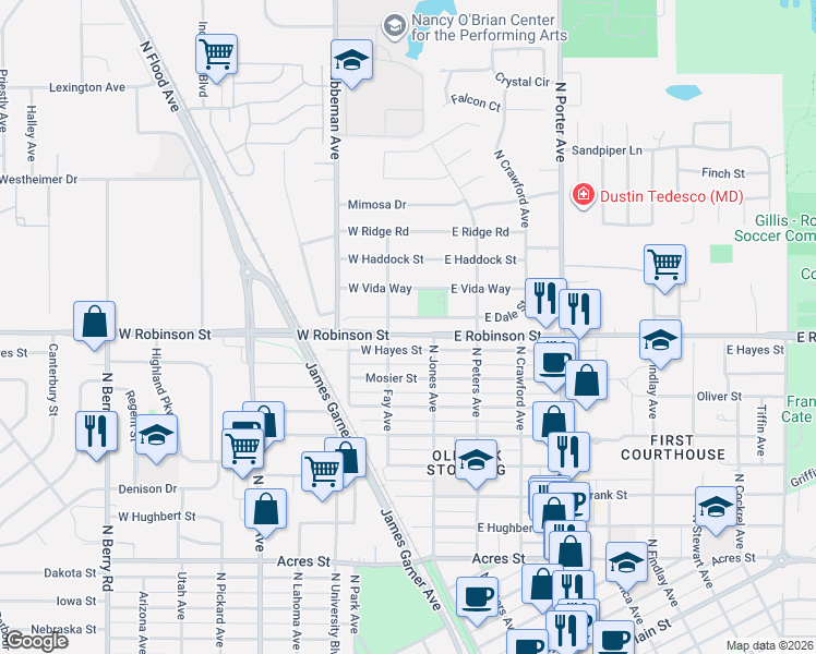 map of restaurants, bars, coffee shops, grocery stores, and more near 111 West Dale Street in Norman