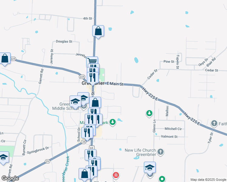 map of restaurants, bars, coffee shops, grocery stores, and more near 15 East Main Street in Greenbrier