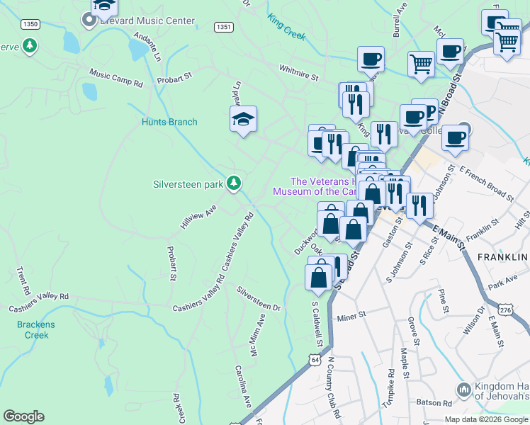 map of restaurants, bars, coffee shops, grocery stores, and more near 140 Carver St in Brevard