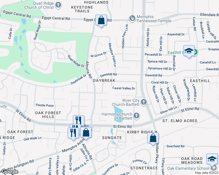 map of restaurants, bars, coffee shops, grocery stores, and more near 6625 Laurel Valley Drive in Memphis